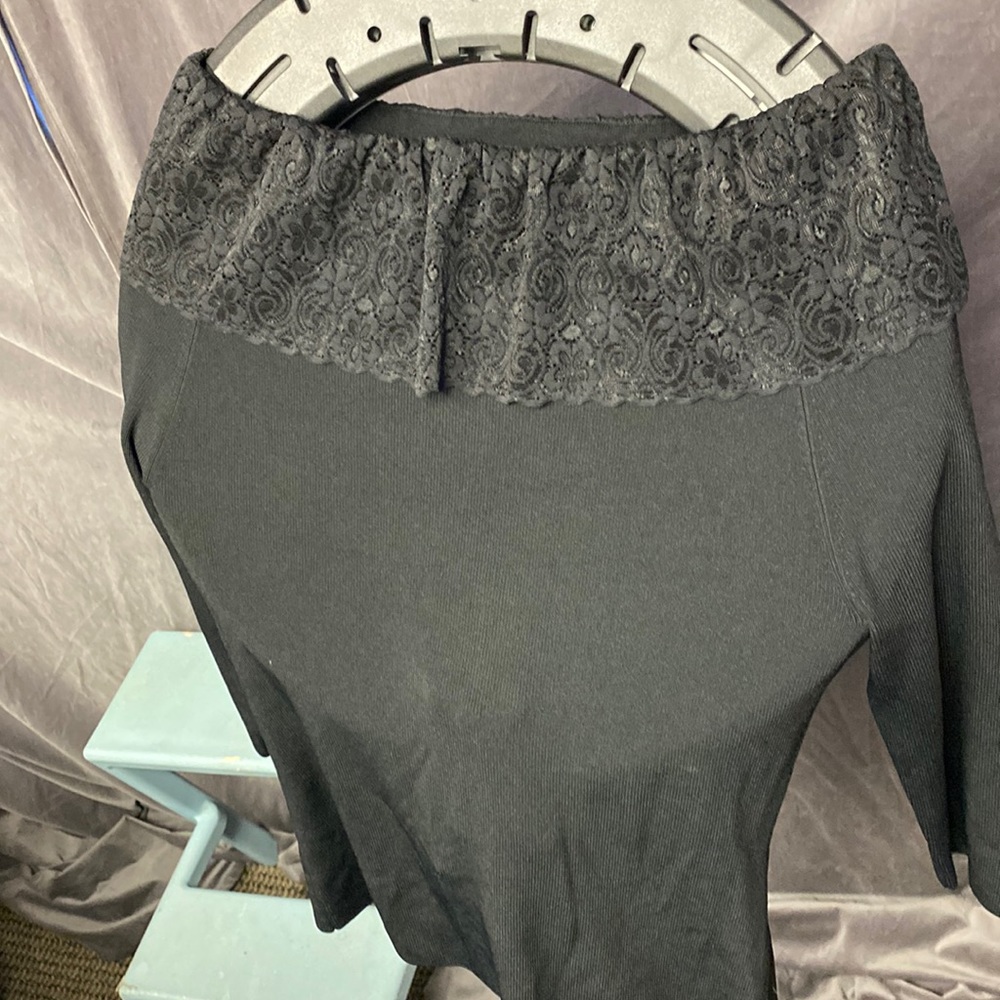 Large, black lace off the shoulder long sleeve shirt